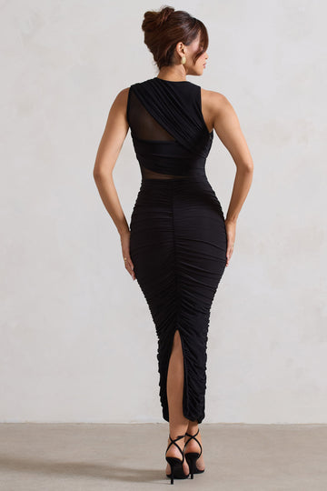 Born With It Black Sleeveless High-Neck Draped Maxi Dress With Mesh Inserts